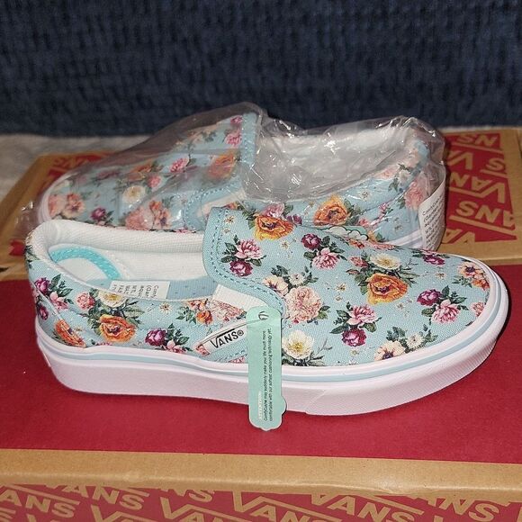 Rare ComfyCush Slip On Vans Sample Shoes Size 13 (Garden Floral) Aquatic / White - Picture 1 of 10